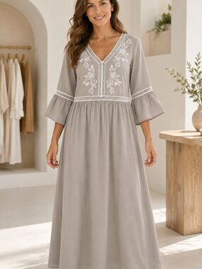 Wren and Ivory Embroidered V-Neck Maxi Dress in Gray